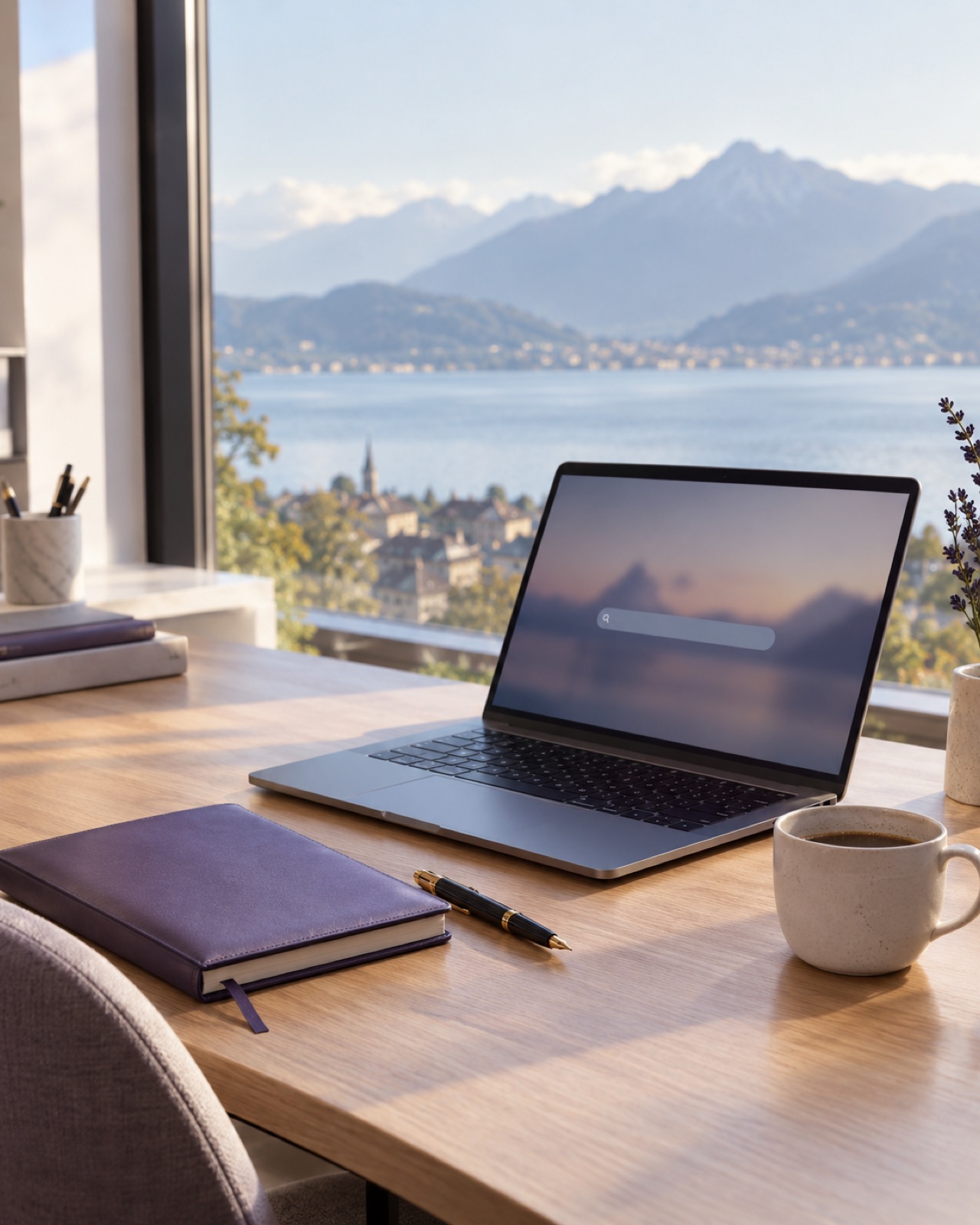 Bureau face au lac d’Annecy, ordinateur ouvert
